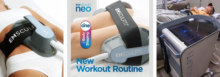 A photo grid of patients using Emsculpt Neo.